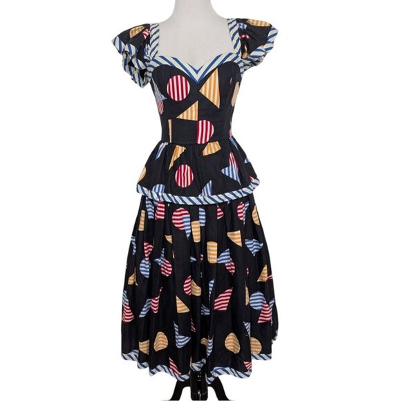 Victor Costa Dresses & Skirts - Victor Costa Geometric Midi Dress Womens Size 4/ XS Black Peplum Stripe Pop Art